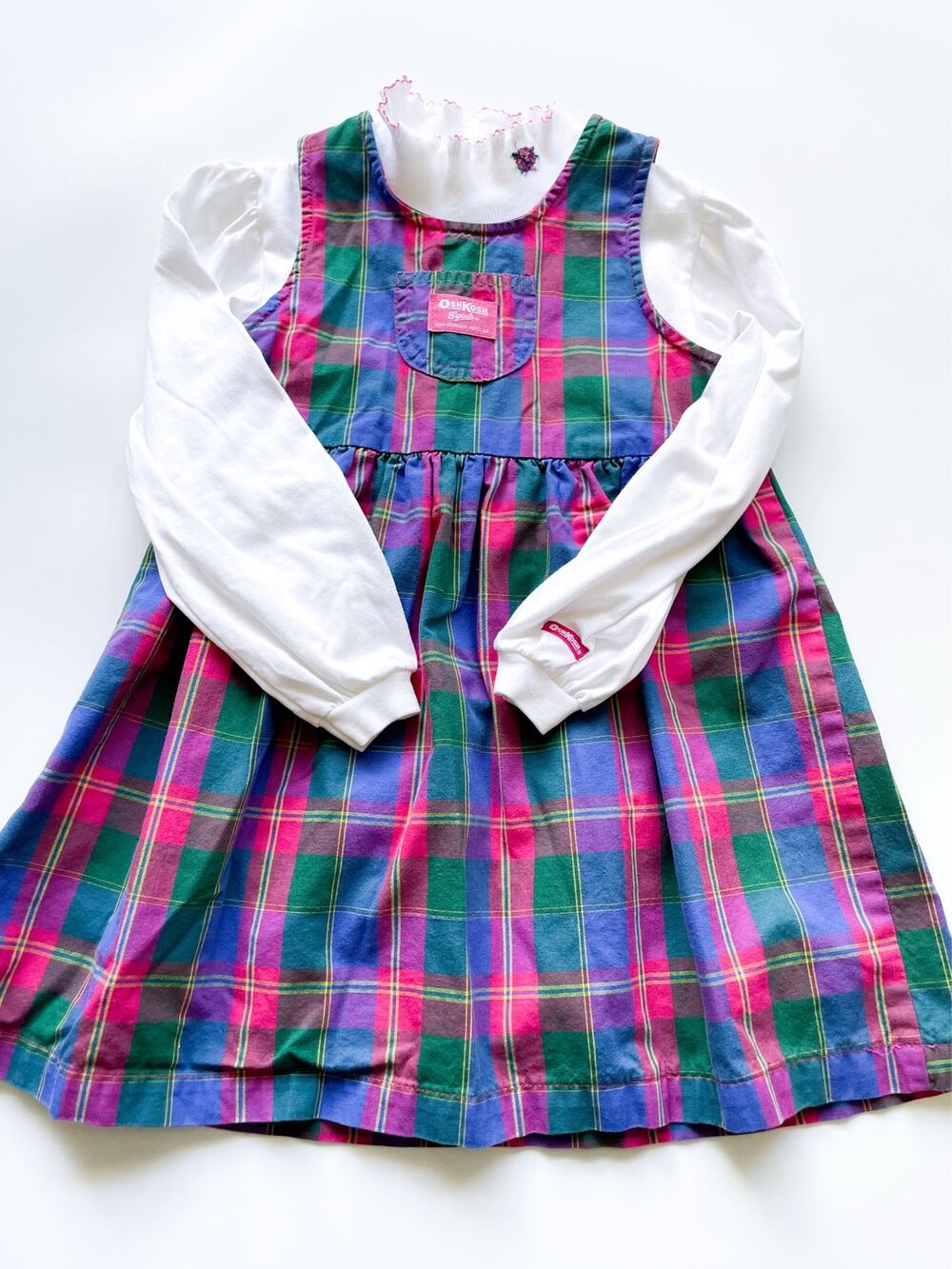 Vintage OshKosh B'Gosh Made in the USA Plaid Dress and White Long Sleeve Size 6